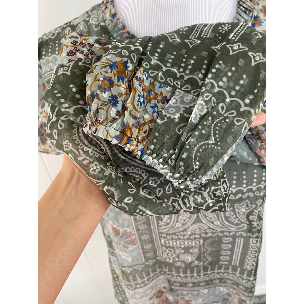 World‎ Market Green Patchwork Paisley Floral Sheer Blouse Long Sleeve Top Sz S/M - Picture 5 of 10